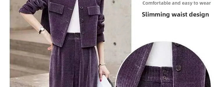 Fashionable Corduroy Set Women's Autumn Winter New Style Elegant Lady Fragrance Wind Coat Wide Leg Pants Two Piece Suit