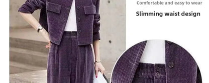 Fashionable Corduroy Set Women's Autumn Winter New Style Elegant Lady Fragrance Wind Coat Wide Leg Pants Two Piece Suit