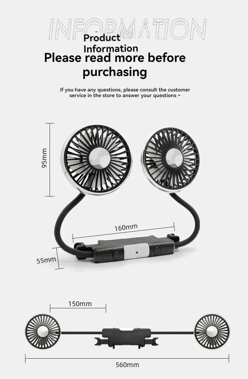360° Rotation Double Head Car Back Seat Fan 3-speed Wind Adjustment USB Auto Cooling Fans for Summer Car Accessorie