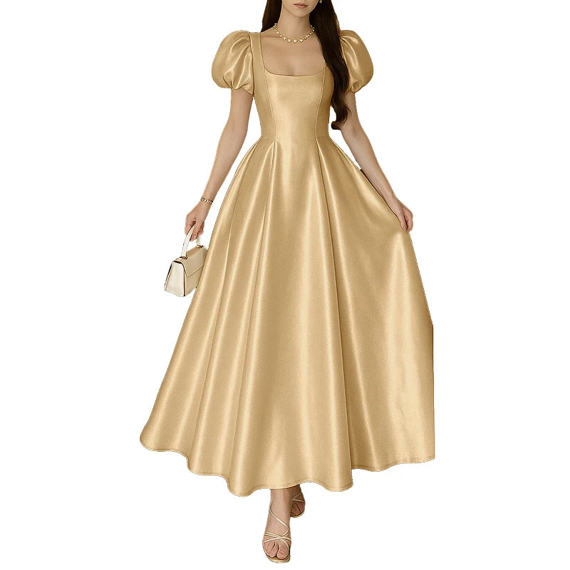 ZANZEA Elegant Chic Women Satin Wedding Guest Party Long Dresses Square Neck Short Puff Sleeve Fitted Waist A-Line Dress S-3XL