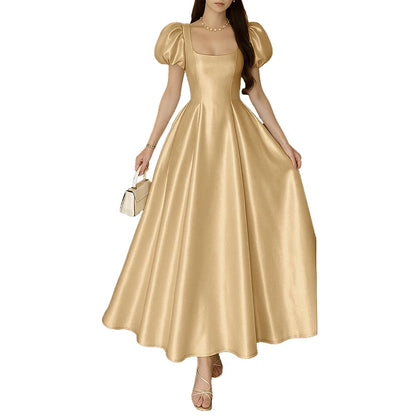 ZANZEA Elegant Chic Women Satin Wedding Guest Party Long Dresses Square Neck Short Puff Sleeve Fitted Waist A-Line Dress S-3XL