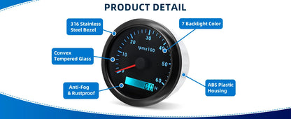 AD 85MM Tachometer with LCD Hour Meter For Marine Boat Car RPM Gauge 0-3000 4000 8000 RPM Meter Tach Sensor 7Colors Backlight