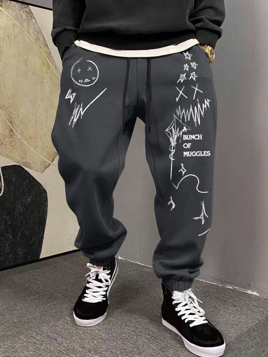 Men's Gothic Jagged Metal Font Cross Wing Las Vegas Print Sweatpants Elastic Waist Soft Dark Punk Street Hip Hop Joggers