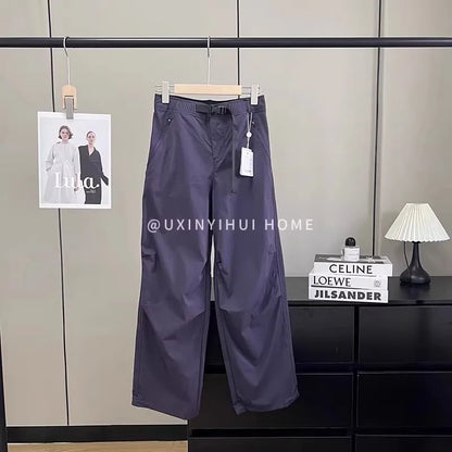 Lightweight Breathable Quick-Dry Paratrooper Pants Women's Casual Loose Fit Sunscreen Waist Cord Trousers Korean Style High W...
