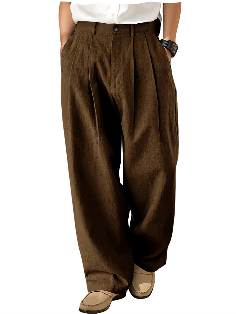 Men's Loose Pleated Wide Leg Pants Breathable Linen Blend Trousers Casual Business Suit Pants Summer Streetwear Daily Wear