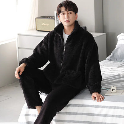 2025 New Couple Sleepwear Men's Autumn Winter Stand Collar Zipper Thick Long Sleeve Coral Fleece Home Clothes Men's Pyjamas
