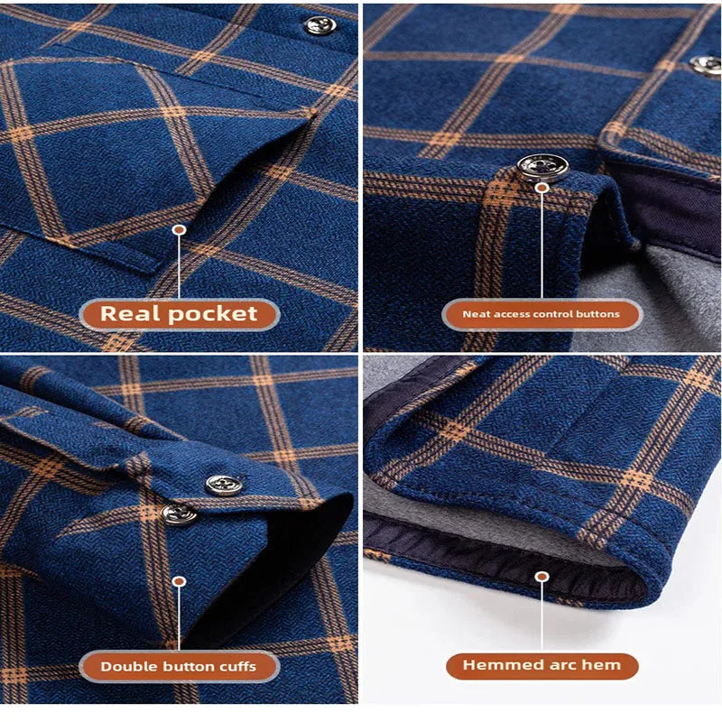 Thickened Flannel Men's Shirt Fashion Warm Plaid Winter Casual Square Collar plus Size Clothing Fleece Lined Double Sided Velvet