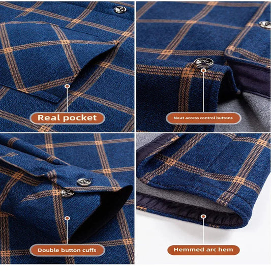 Thickened Flannel Men's Shirt Fashion Warm Plaid Winter Casual Square Collar plus Size Clothing Fleece Lined Double Sided Velvet