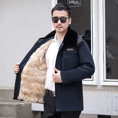 100% Wool Winter Men Fur Coat Fur One Liner Warm Thickened Sheepskin Cotton Coat Long Hair Coat Fur Collar Hooded