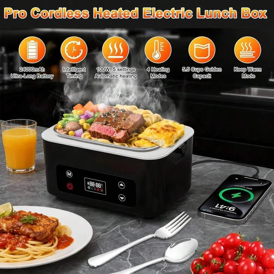 Electric Lunch Box, 1.2L Large Capacity, 24000mAh Rechargeable, Digital Display, Smart Timer, Portable Food Warmer, For Work, C