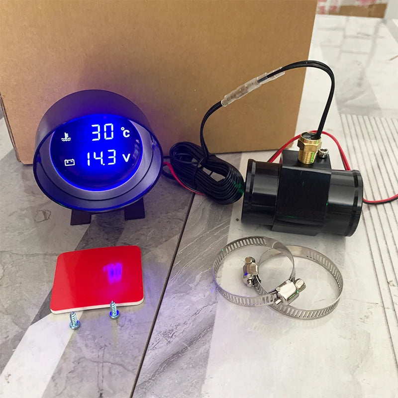 Round 2 in 1 LED Digital Car Temperature Meter Water Temp Gauge with Engine Overheat Alarm And Voltage Monitor for Truck 12V/24V
