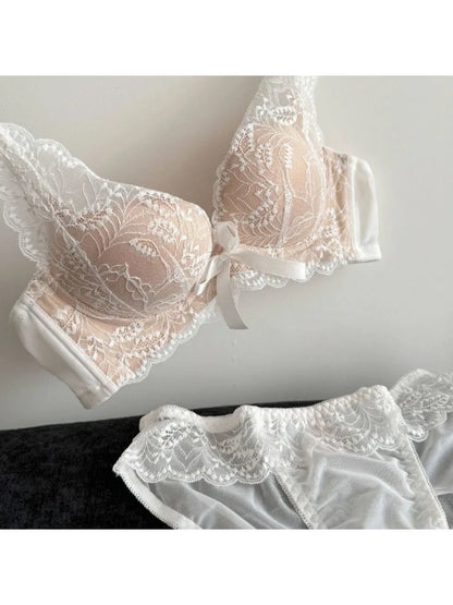 Top Selling Womens Wireless Bra Set French Lace Bow Contrast Color Push Up Thick Padded No Gap Everyday Lingerie For Small Chest