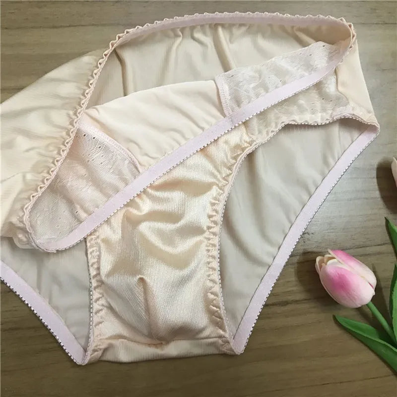 Men's Silk Briefs Sexy Seamless Breathable Bulge Underpants Solid Color Comfortable Male Underwear