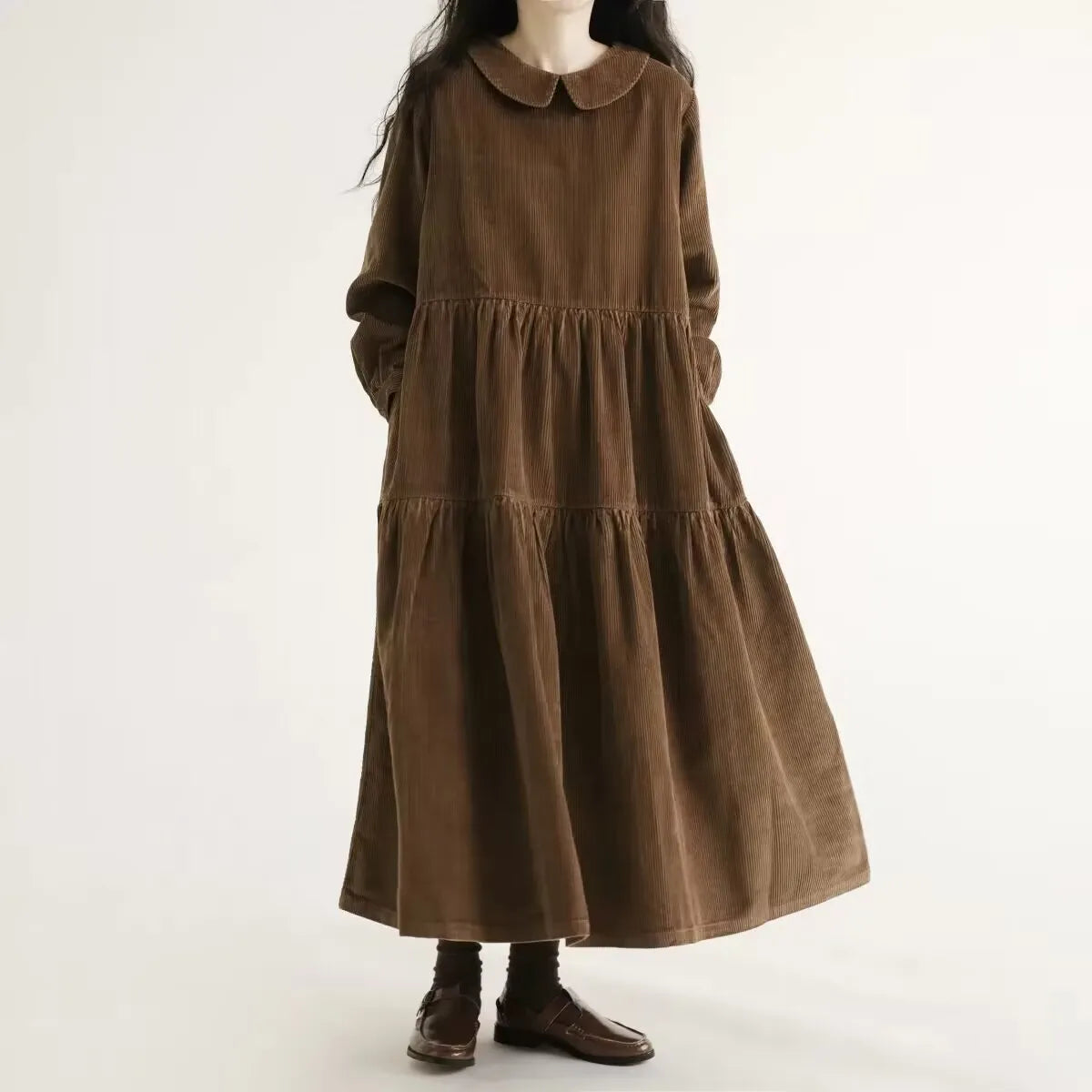 Japanese Style Long Sleeve Corduroy A-Line Dress Loose Slimming Simple Design Women's plus Size Dress Daily Wear Long Dress
