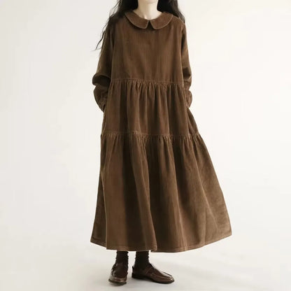Japanese Style Long Sleeve Corduroy A-Line Dress Loose Slimming Simple Design Women's plus Size Dress Daily Wear Long Dress