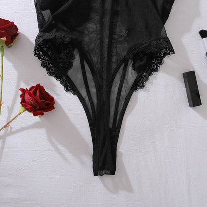 2025 European and American Cross border New Perspective Lace Lace Slimming and Body Shaping Sexy Girlfriend jumpsuit with an Ope