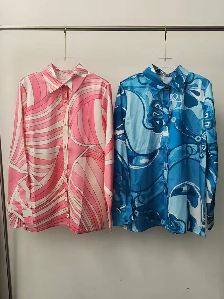 2026 Summer Women's Clothing Retro Geometric Print Lapel Long Sleeve Shirt Two-piece Set + Loose A-Line Skirt Fashion Suit