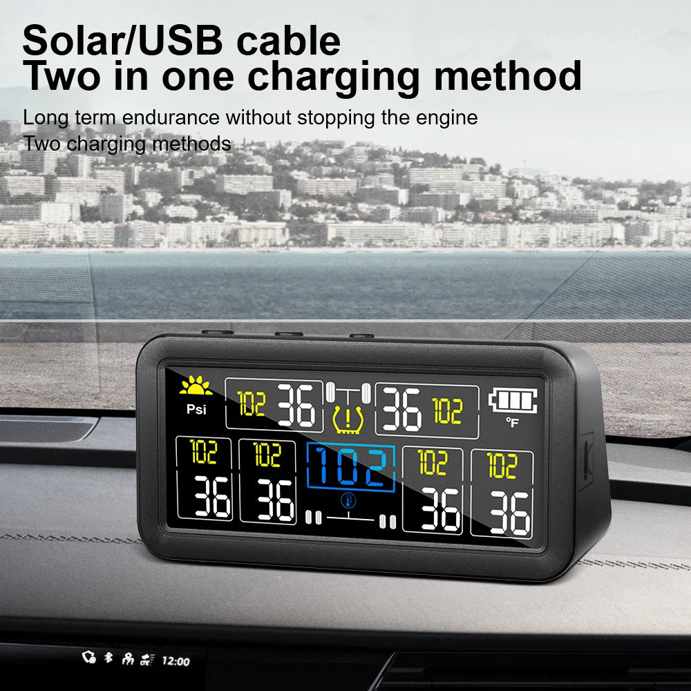 0~9.9Bar Truck RV 4/6 External Sensors Car Tire Pressure Alarm Digital LCD Display Solar TPMS Waterproof