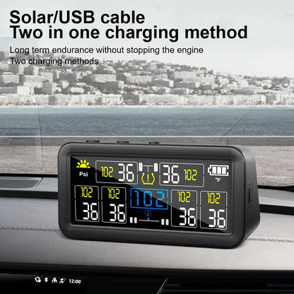 0~9.9Bar Truck RV 4/6 External Sensors Car Tire Pressure Alarm Digital LCD Display Solar TPMS Waterproof