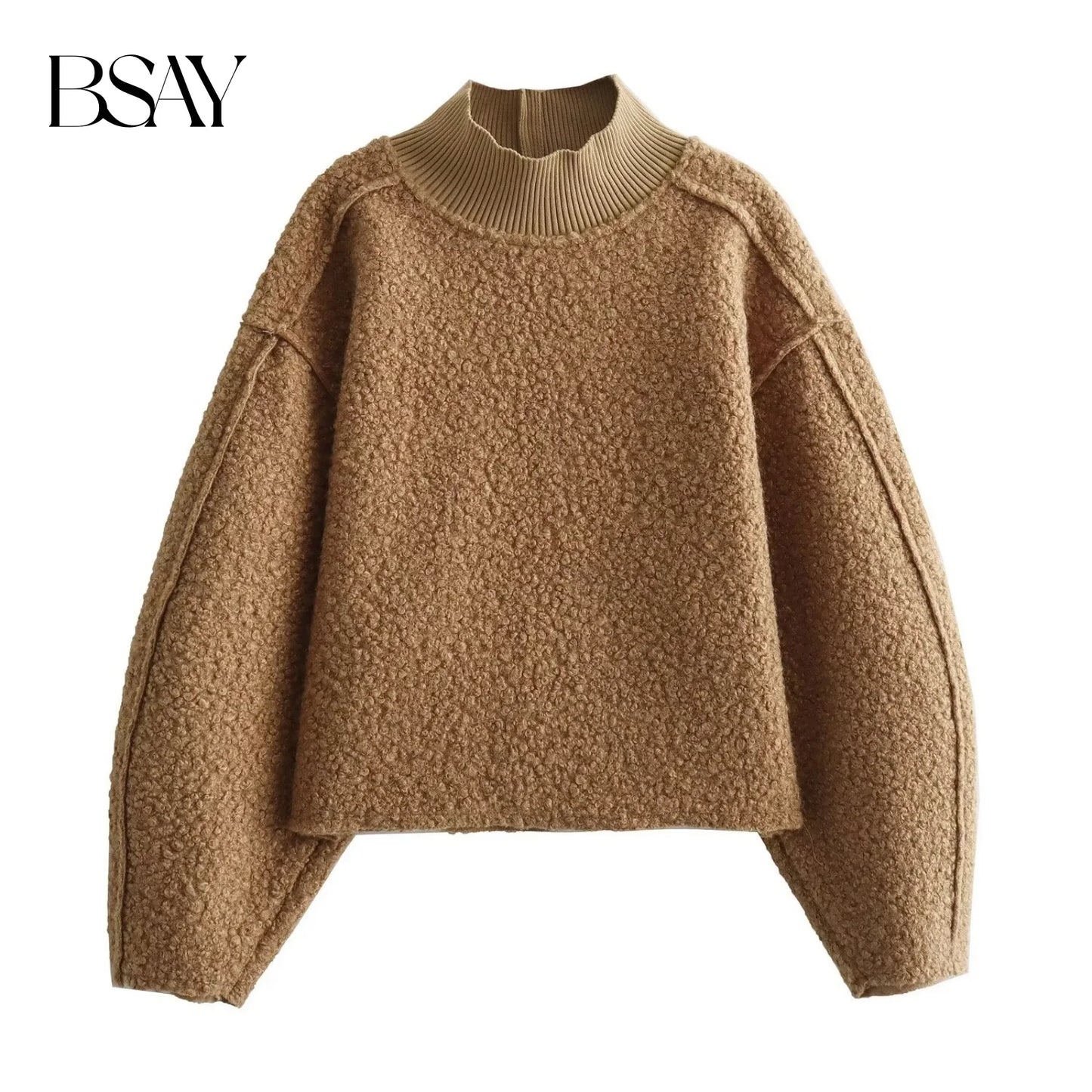BSAY Women Fashion Autumn Winter 2024 New Loose Solid Color Long Sleeved Stand Collar Pullover Top Chic Female Sweatshirt