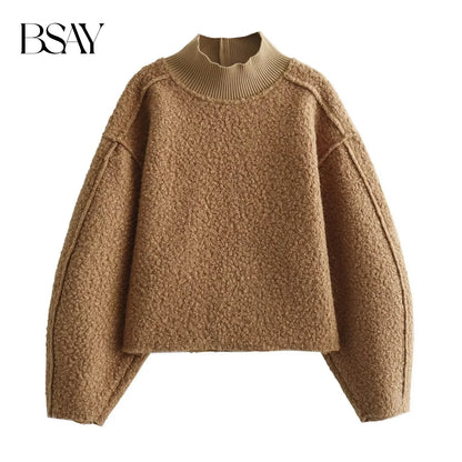 BSAY Women Fashion Autumn Winter 2024 New Loose Solid Color Long Sleeved Stand Collar Pullover Top Chic Female Sweatshirt