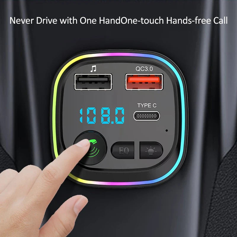 Car Bluetooth FM Transmitter Audio Adapter With RGB Ring Light Dual USB QC3.0 And Type-C Fast Charger Hands-Free MP3 Player