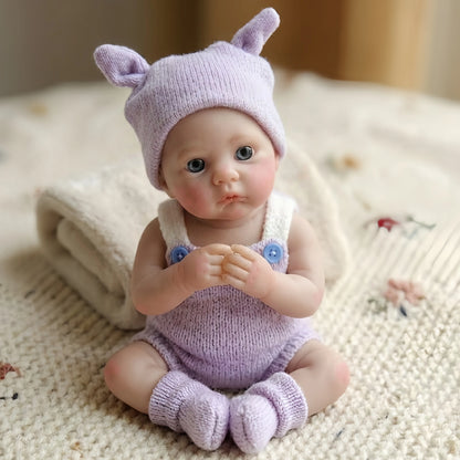 6 Inch/15 cm Mini Silicone Reborn Girl Doll, Washable, Hand Painted Vivid Skin, Purple Outfit, Bebe Reborn De Silicona