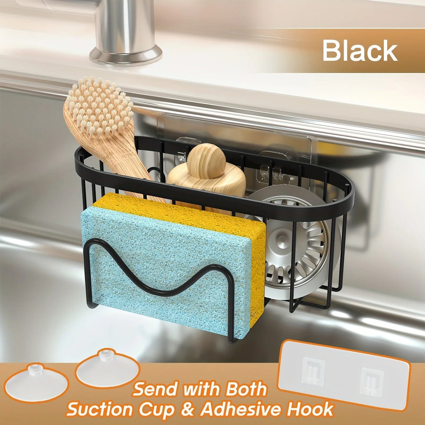 1PC No-Drill Wall-Mounted Stainless Steel Sponge Holder with Strong Suction Cup for Kitchen Sink Organizer