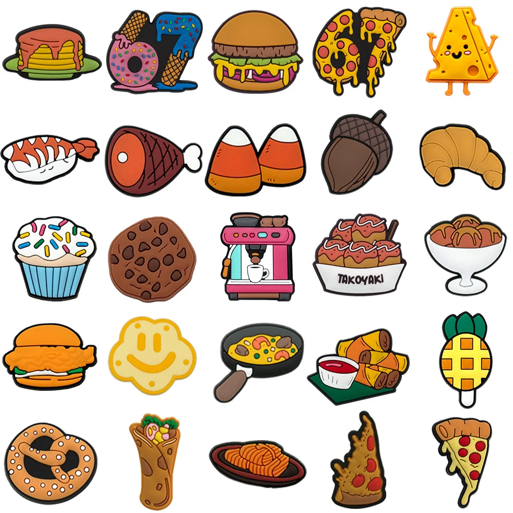 1/25PCS Food Theme Shoe Charms Set DIY Decorative Pins Cartoon Burger Pizza Donut Clogs Accessories Shoe Buckle Pendant Gifts