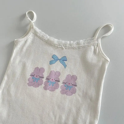 Cute Cartoon Lace Trim Tank Tops Women Summer New Slim Cotton Sleeveless Vests Vintage Sweet Preppy Style Camisole Y2K Clothes