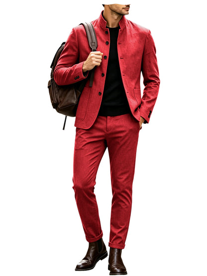 Men's Linen Stand Collar Suit 2-Piece Blazer & Pants Set Slim Fit Business Casual Tuxedo Jacket Trousers Formal Wedding Outfit