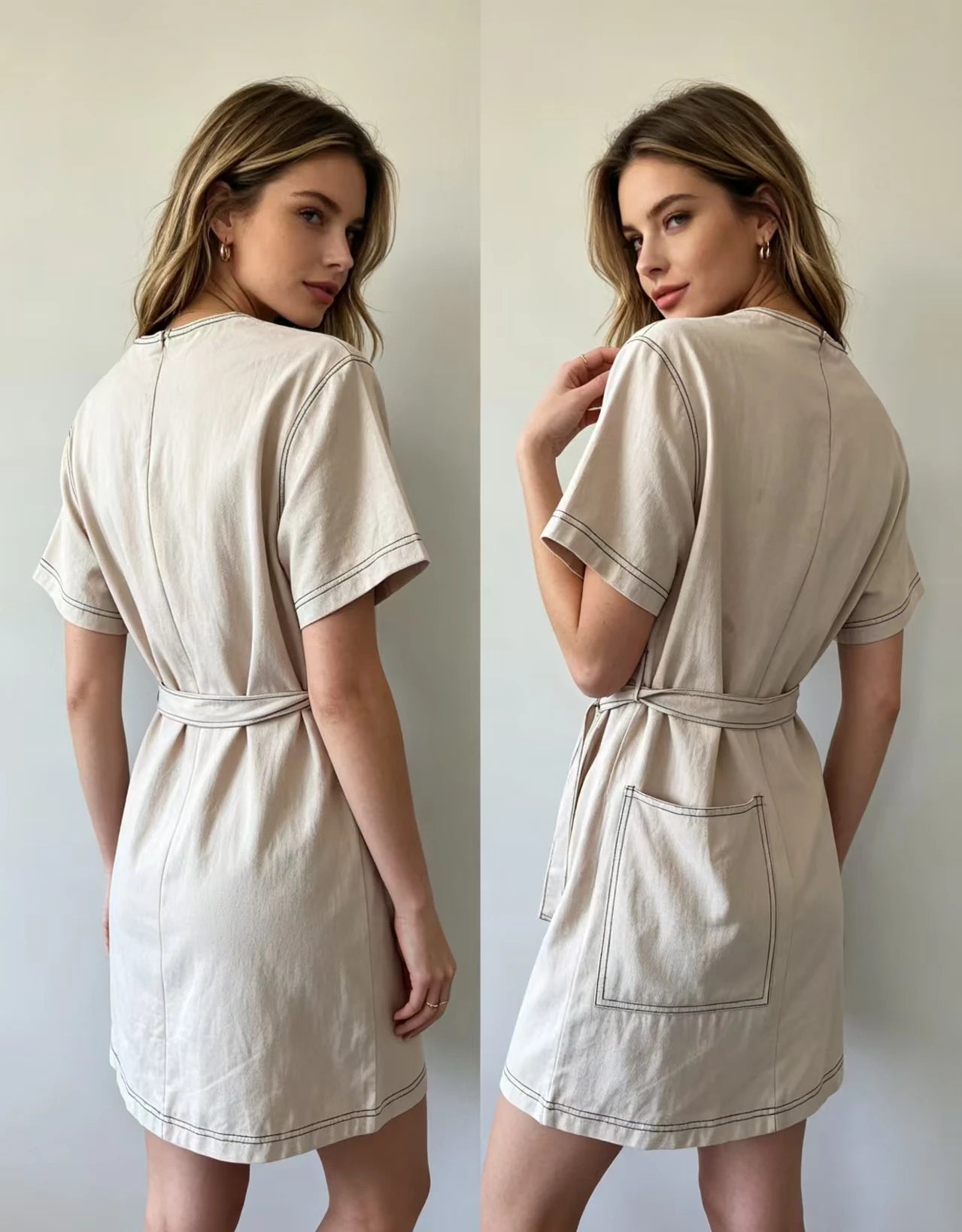 fenggejiwo women's casual pure cotton crew neck dress with waist tie dress