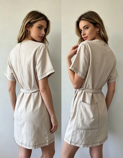 fenggejiwo women's casual pure cotton crew neck dress with waist tie dress