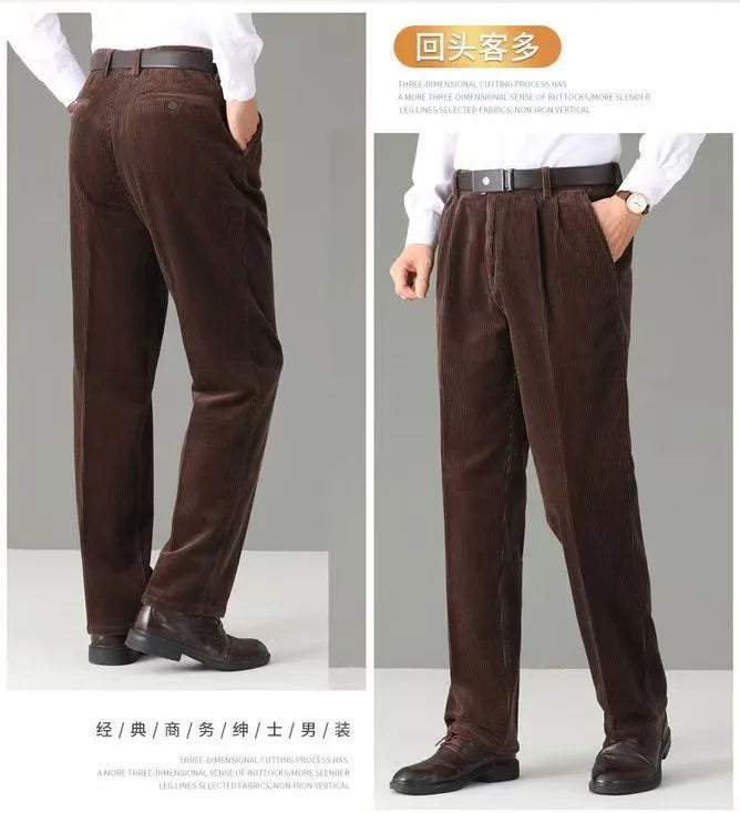 High Waist Double Pleated Winter Corduroy Pants Men Straight Loose 100% Cotton Autumn Casual Mens Trousers Size 44 46 48 50