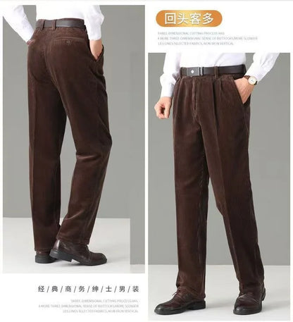 High Waist Double Pleated Winter Corduroy Pants Men Straight Loose 100% Cotton Autumn Casual Mens Trousers Size 44 46 48 50