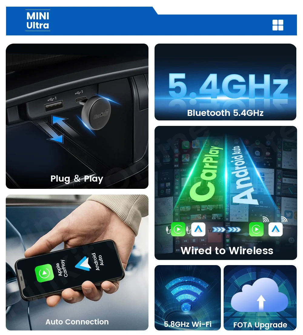 2025 CarlinKit Mini Ultra 3 CarPlay Android auto Wireless Adapter for Car infotainment Upgrade BT 5.4GHz Wifi 5.8GHz OTA Upgrade