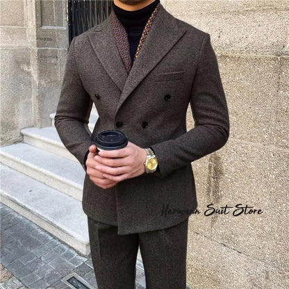 Wool Blend Men's 2 Piece Suit Set（Jacket+Pants) Double Breasted Lapel Suit Set Wedding Prom Dinner Wrok Travel Dinner Banquet