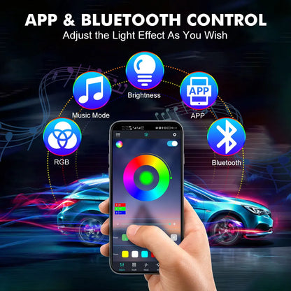 BEVINSEE 36 LED RGB Car Interior Ambient Light 4-in-1 LED Strips Multi-color APP Control Atmosphere Lighting Cigarette Plug 12V