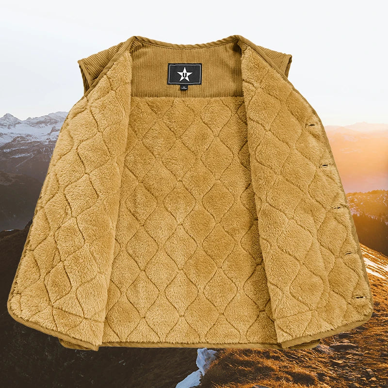 Autumn Winter Padded Warm Vest Men's Diamond Check Shoulder Undershirt Workwear Corduroy V-neck Jackets Men Clothing Large Size