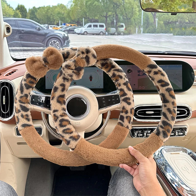 Women's New Leopard-print Car Seat Cushion Winter Plush Warm Non-slip Seat Cover Fashion Full Set Automobile Interior Decoration
