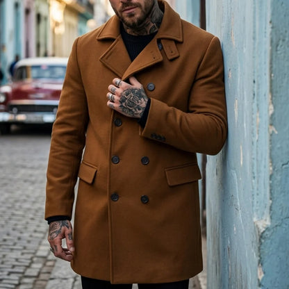 New Winter Men's Wool Blends Double-Breasted Knee-Length Trench Coat - Windproof Casual Street Long-Length Outerwear for Men