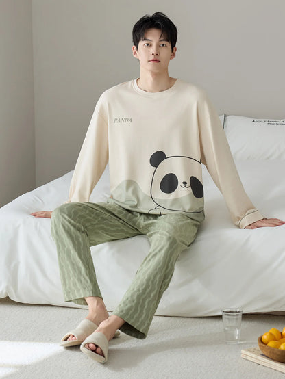 Men's 100% Cotton Long Sleeve Pajama Set, Spring Summer & All Season Plus Size Loungewear, Teen & Adult Pure Cotton Home Suit