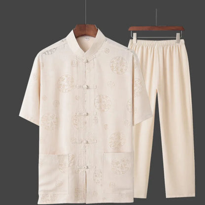 Spring Summer Large Size Linen Cotton Men's Tang Suit Ethnic Style Hanfu Set Home Wear Comfortable Loose Fit Traditional Chin...