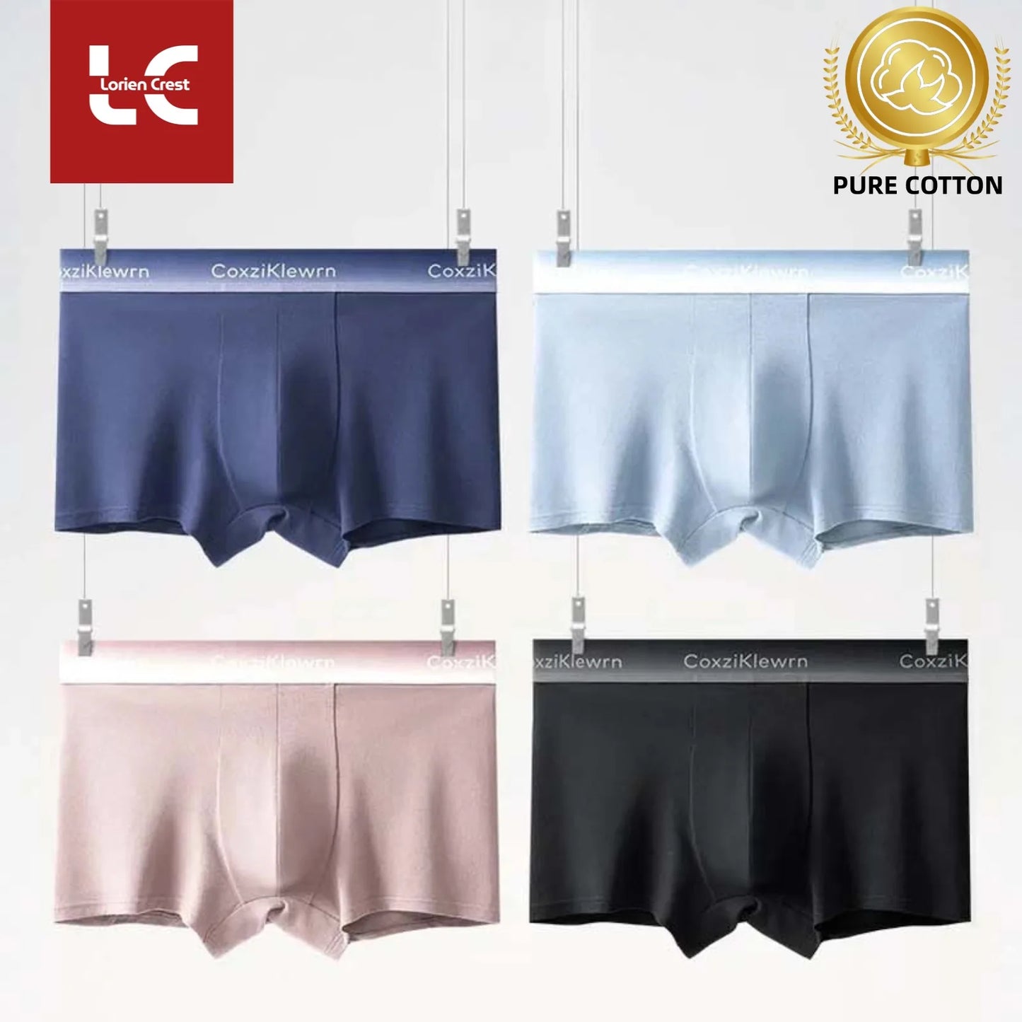 4PCS【LORIEN CREST】New Men's Underwear Pure Cotton Soft Breathable Fashion Solid Color U Convex Comfortable boxer for male