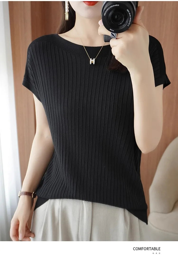 Ice Silk Knitted Top Women Loose Spring Summer New Style Thin Short Sleeve One Shoulder T-Shirt Breathable Comfortable Casual...