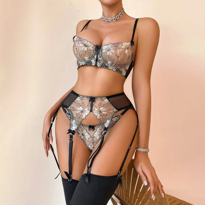 2026 European and American Bow Accessories Perspective Embroidery Splicing Mesh Sexy Body Shaping Underwear Four Piece Set