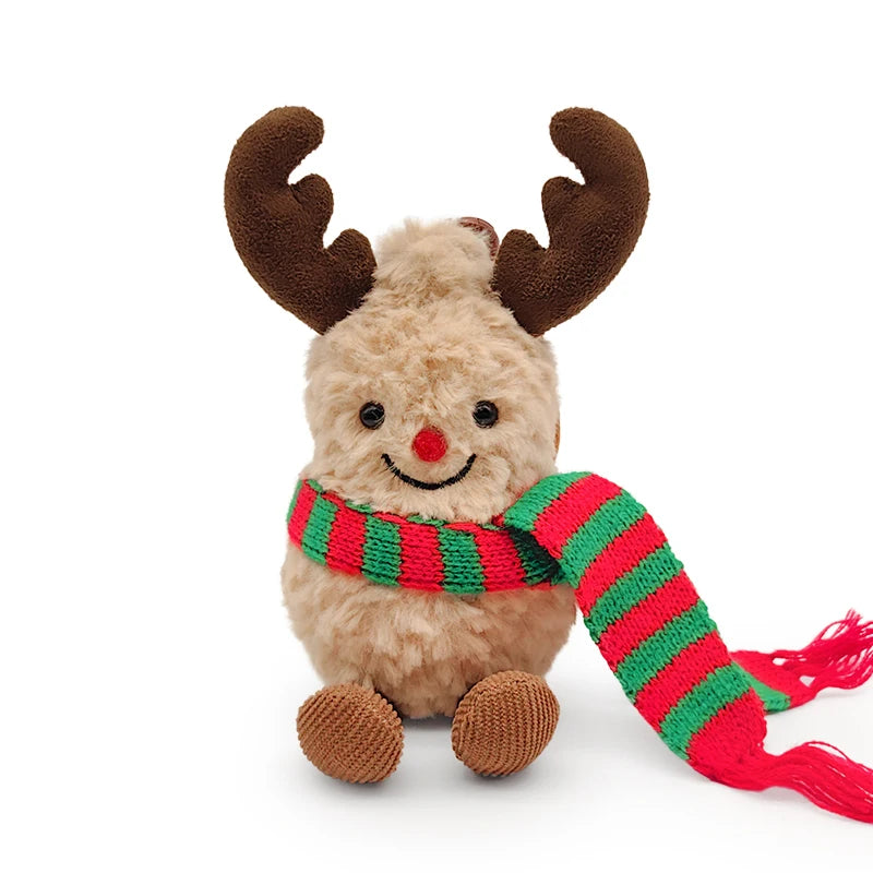17cm Christmas Peanut & Reindeer Plush Toys Fuzzy Stuffed Animals with Antlers Red Nose Scarf Soft Doll for Kids Gift Home Decor
