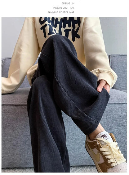 plus Size Women's Casual High Waist Thin Wide Leg Pants Spring Autumn Straight Cut Long Trousers Comfortable Slimming Effect