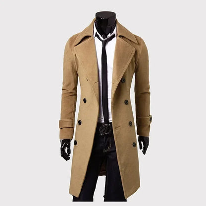 Mens Double Breasted Trench Coat Wool Blend 2025 Autumn Winter Solid Casual Slim Fit Long Jacket Wool Coat Fashion Mens Clothing