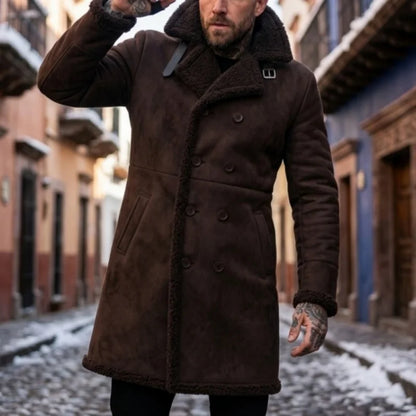 Men’s Winter Fleece-Lined Jacket Thickened Faux Fur Windproof Coat Double-Breasted Belted Trench  Outdoor Hunting Hiking Male
